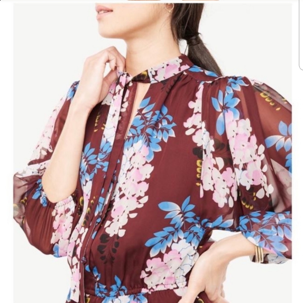 Ann Taylor Floral Tie Neck Dress Maroon